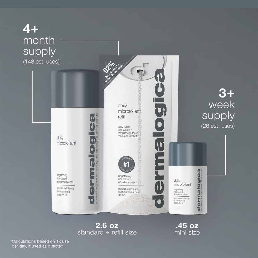 Dermalogica refill bag displayed with jar to show economical refill option