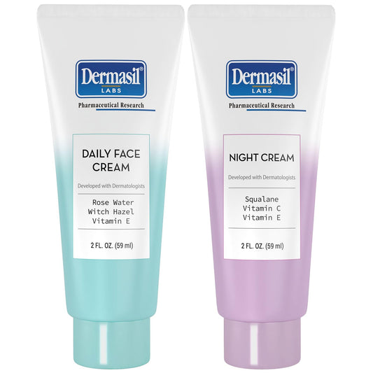 Dermasil front view of daily and night 2-pack showing compact tubes and labels for travel convenience