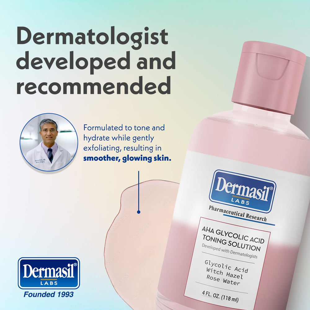 Dermasil bottle in hand applying toner to skin for easy use