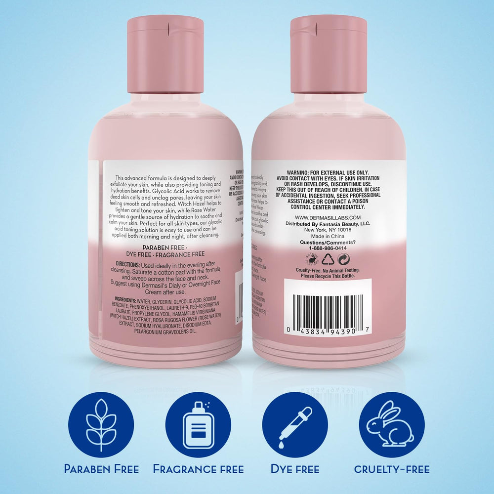 Dermasil label closeup highlighting glycolic acid and key ingredients