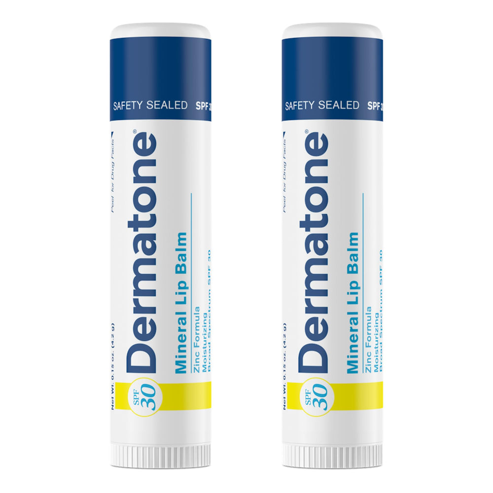 DERMATONE front packaging showing two SPF 30 lip balms, easy protection on-the-go
