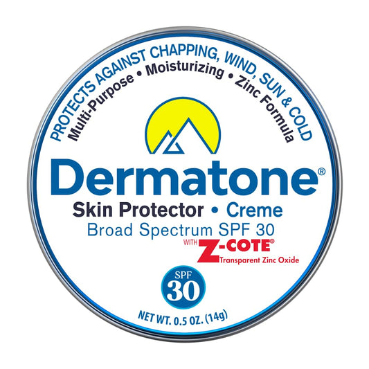 DERMATONE tin front view showing compact skin protection and SPF benefit