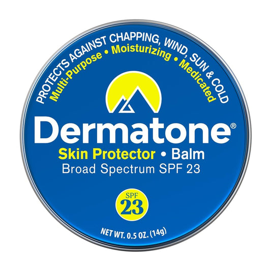 DERMATONE tin front view highlighting compact travel-friendly protection