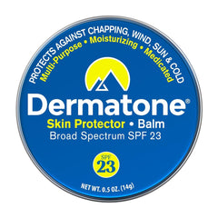 DERMATONE tin front view highlighting compact travel-friendly protection