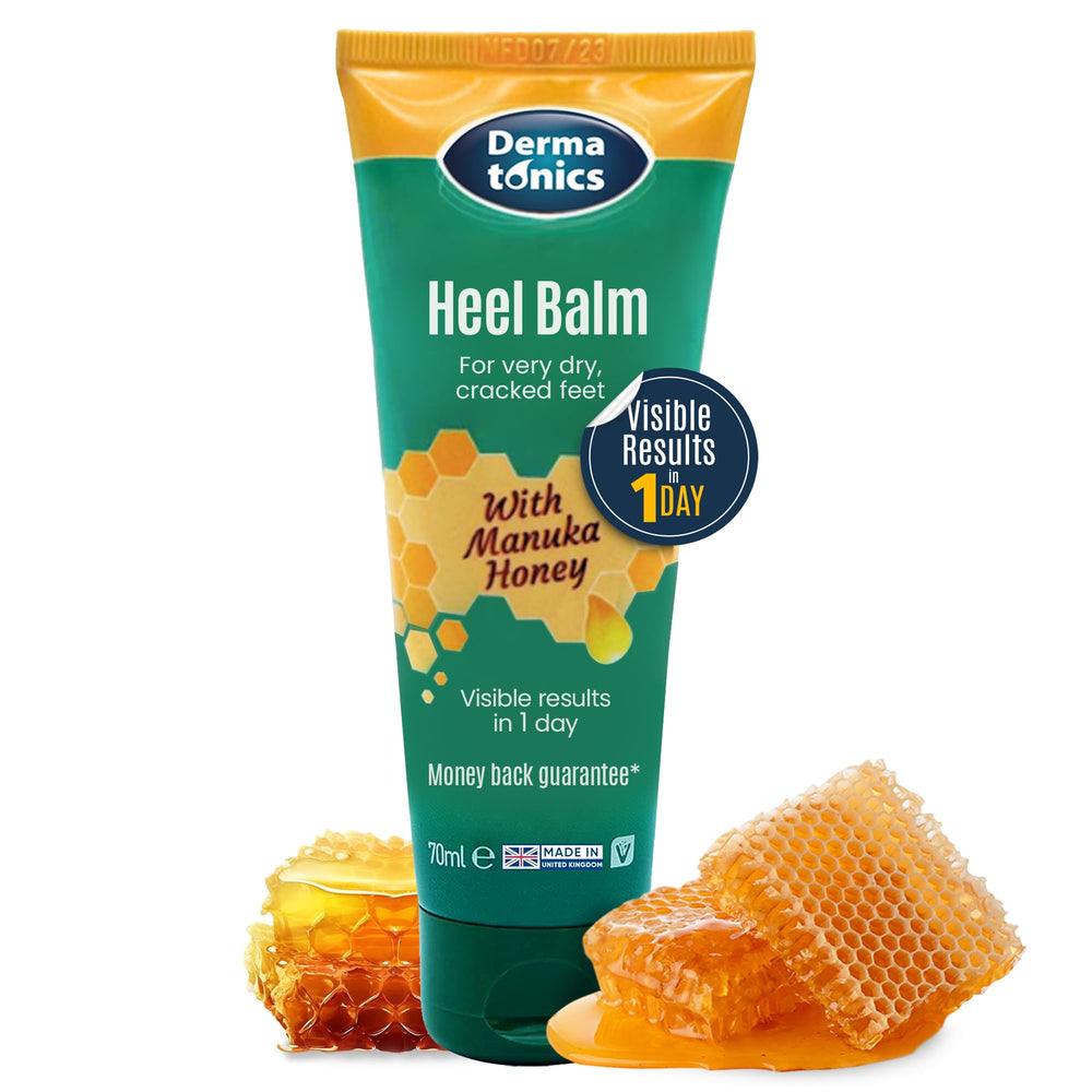 Dermatonics front tube showing product and size, promotes intensive heel hydration