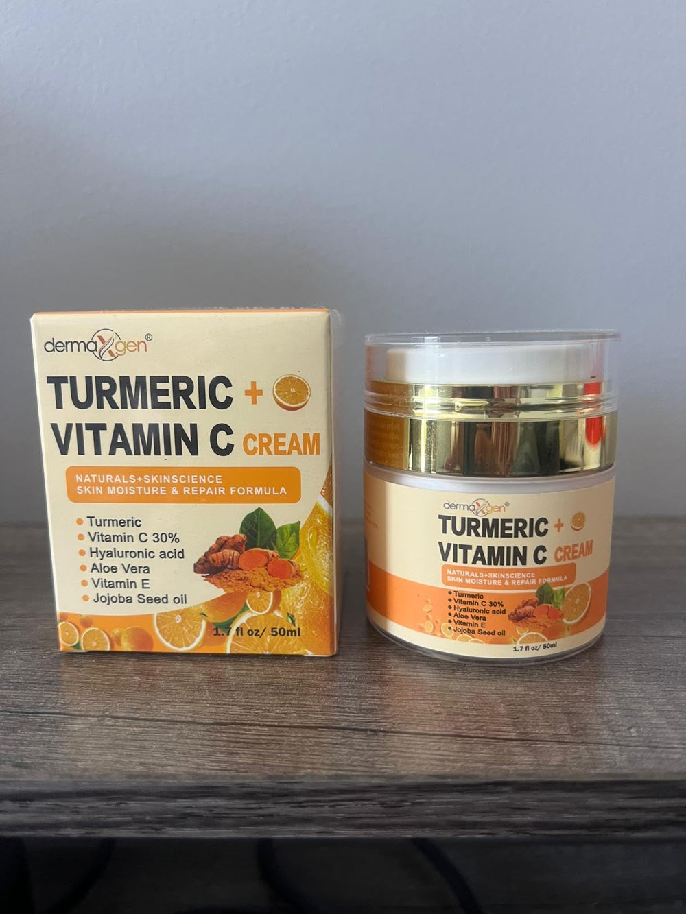 DERMAXGEN morning routine on vanity demonstrating layered skincare compatibility