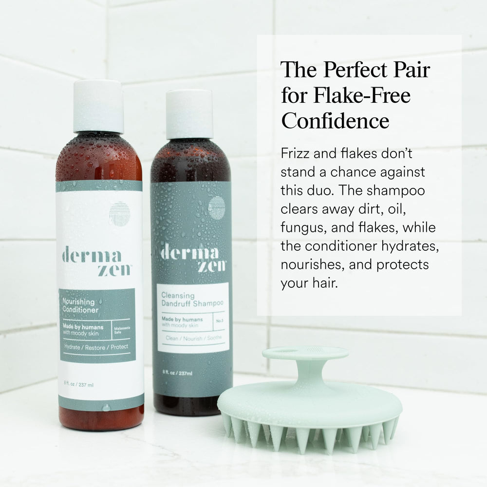 Dermazen conditioner in shower scene demonstrating daily-use scalp care