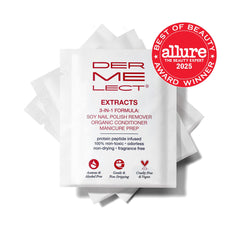 Dermelect single wipe unwrapped displaying saturated cloth and ready-to-use benefit