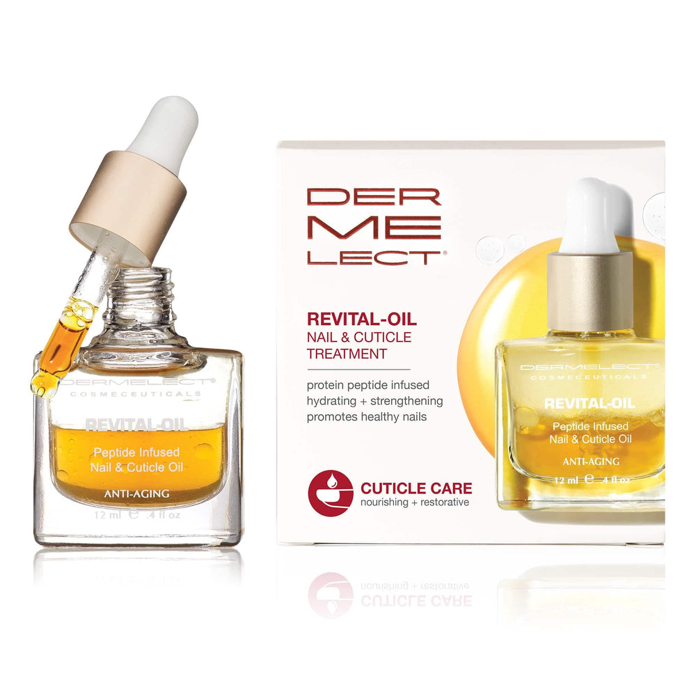 Dermelect bottle front view showing label and compact design, promotes easy daily care