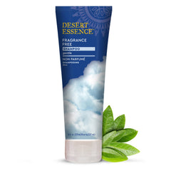 Desert Essence front bottle showing unscented shampoo and clear design benefit gentle care
