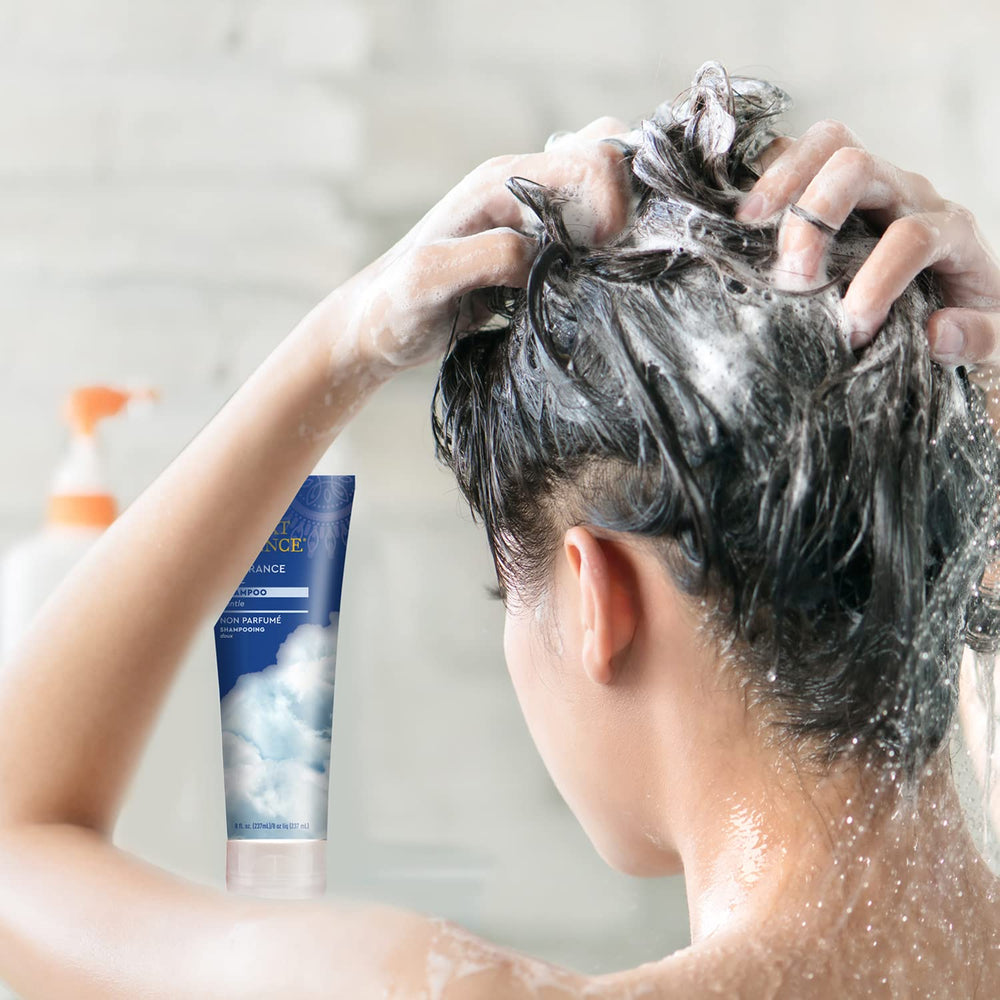 Desert Essence in shower lifestyle image demonstrating daily use for sensitive scalps