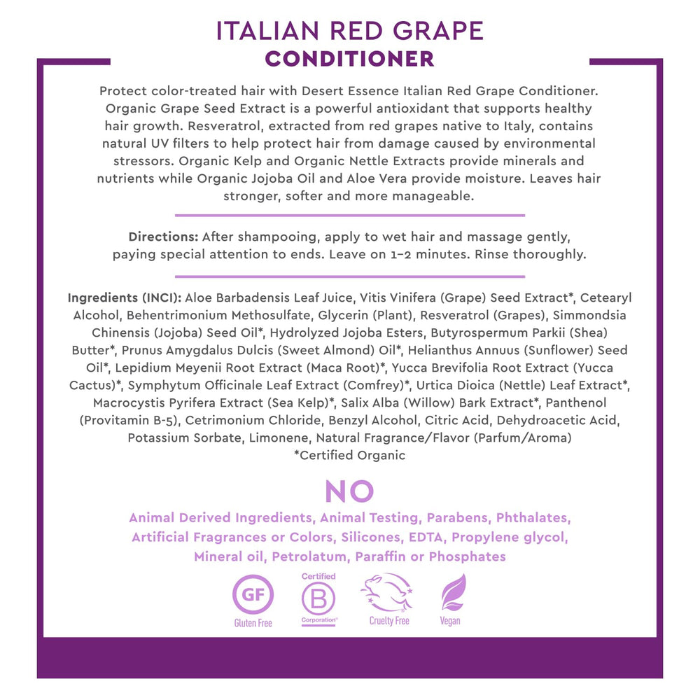 Desert Essence ingredient label detail highlighting resveratrol, sea kelp and nettle