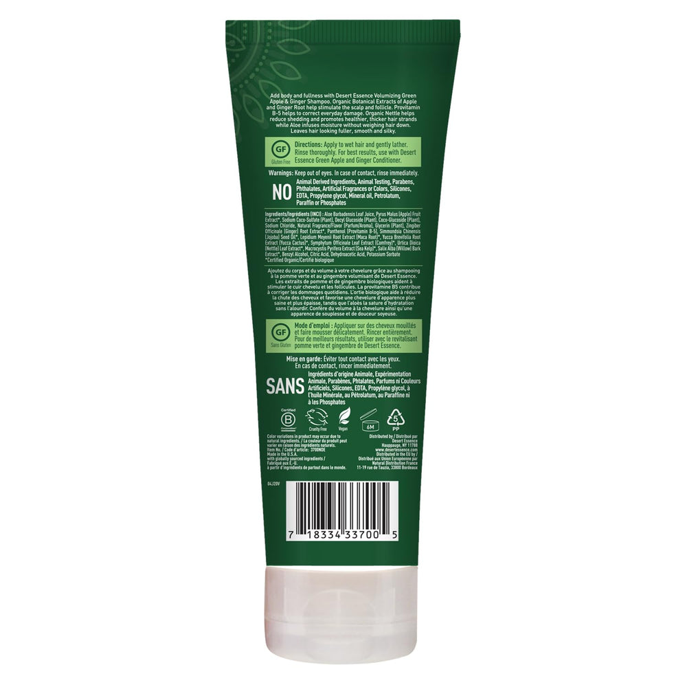 Close-up of Desert Essence ingredient label highlighting sulfate- and paraben-free formula