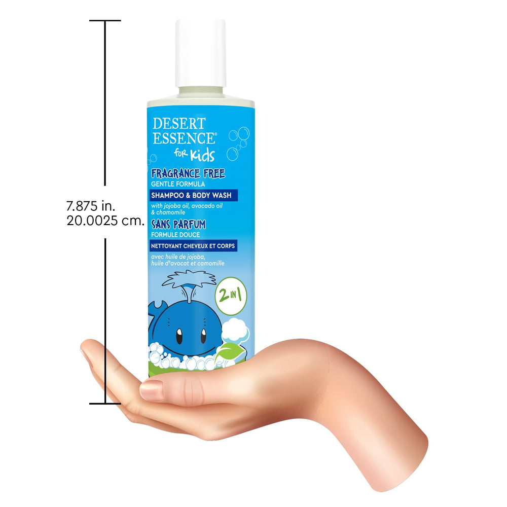 Desert Essence bottle held in hand showing 12 fl oz size convenience
