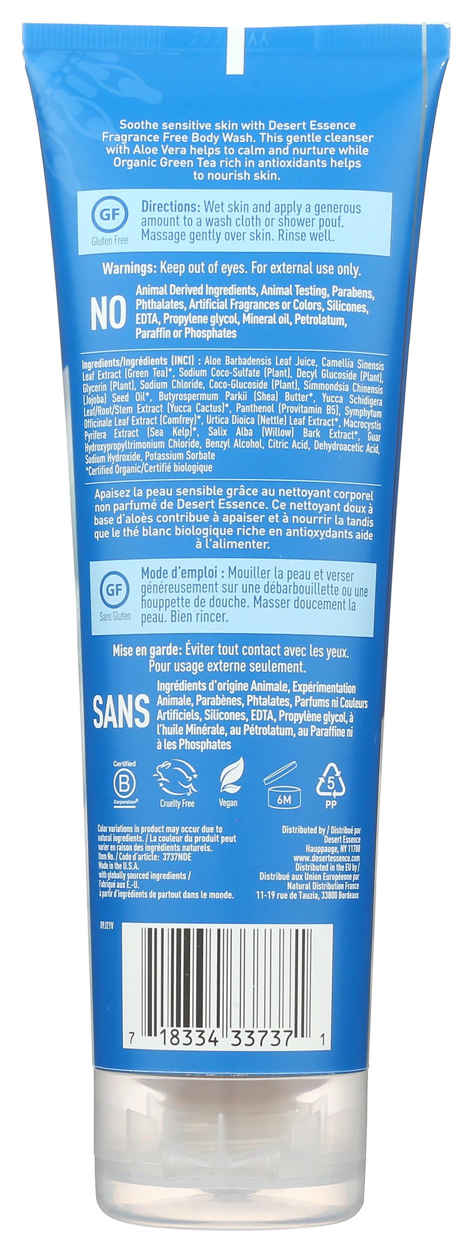 Desert Essence label close-up highlighting organic aloe and green tea benefits