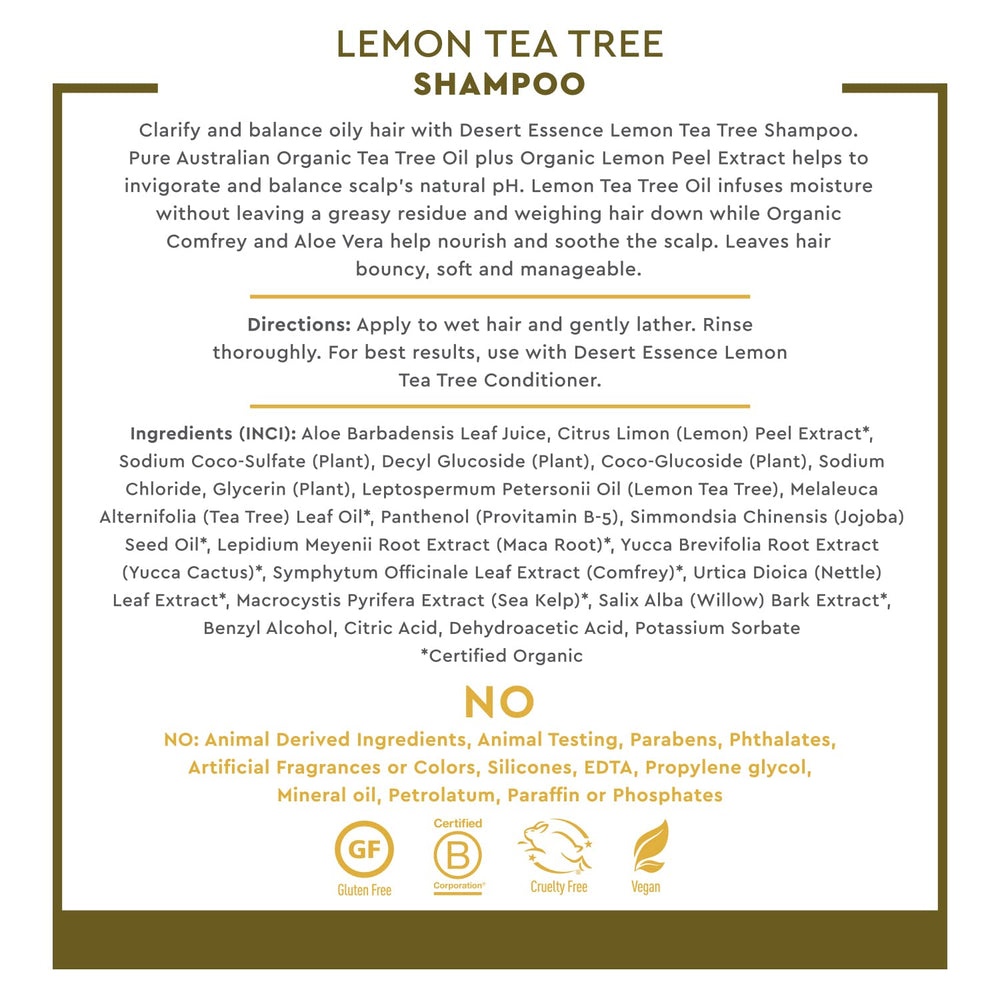 Close-up of lemon peel and maca root ingredients with Desert Essence label, highlighting botanical strength support