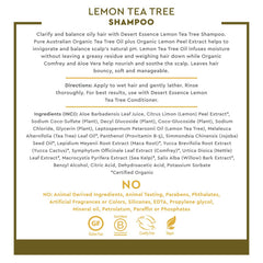 Close-up of lemon peel and maca root ingredients with Desert Essence label, highlighting botanical strength support