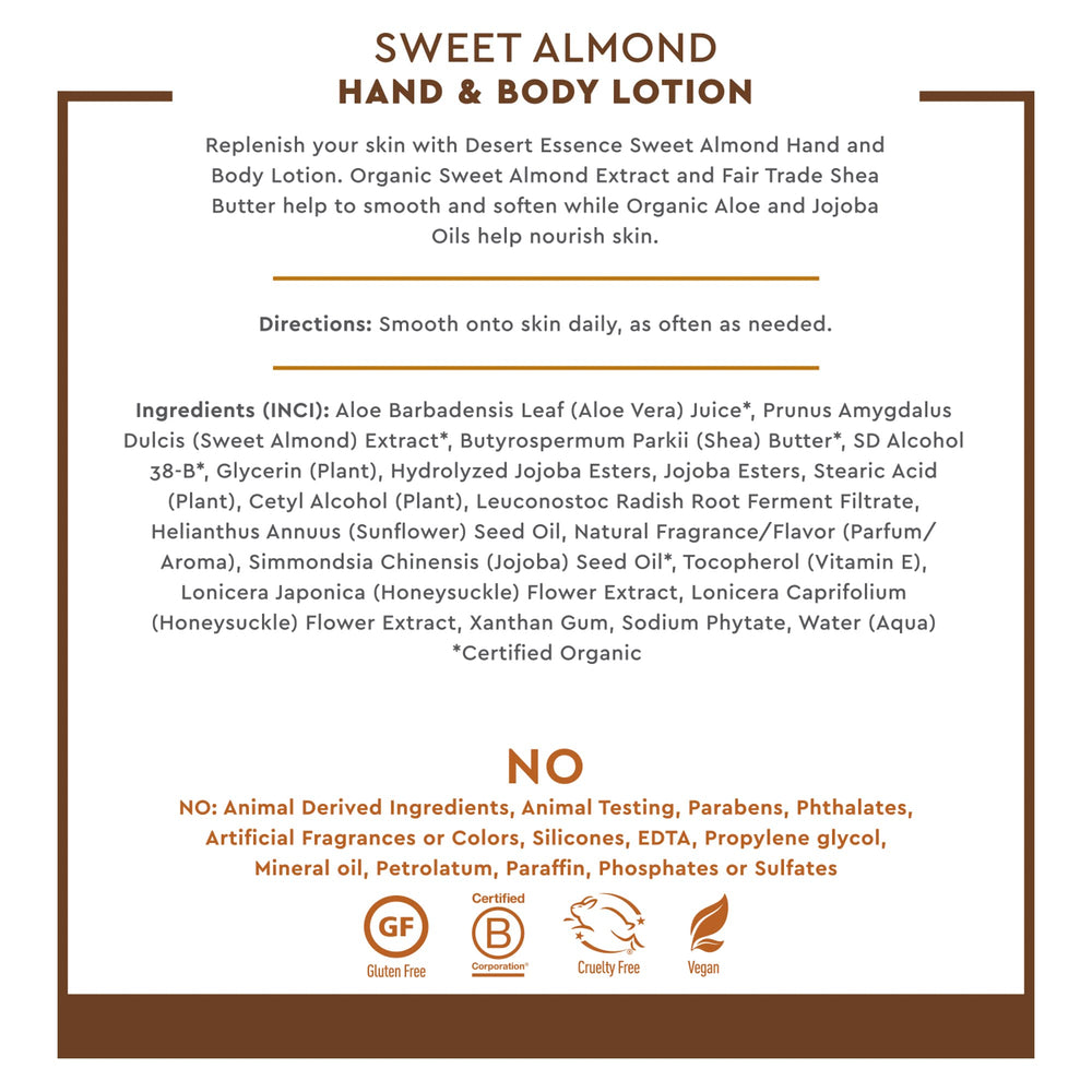 Desert Essence ingredients flatlay with almond and botanicals, emphasizes natural formula benefits
