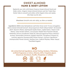 Desert Essence ingredients flatlay with almond and botanicals, emphasizes natural formula benefits