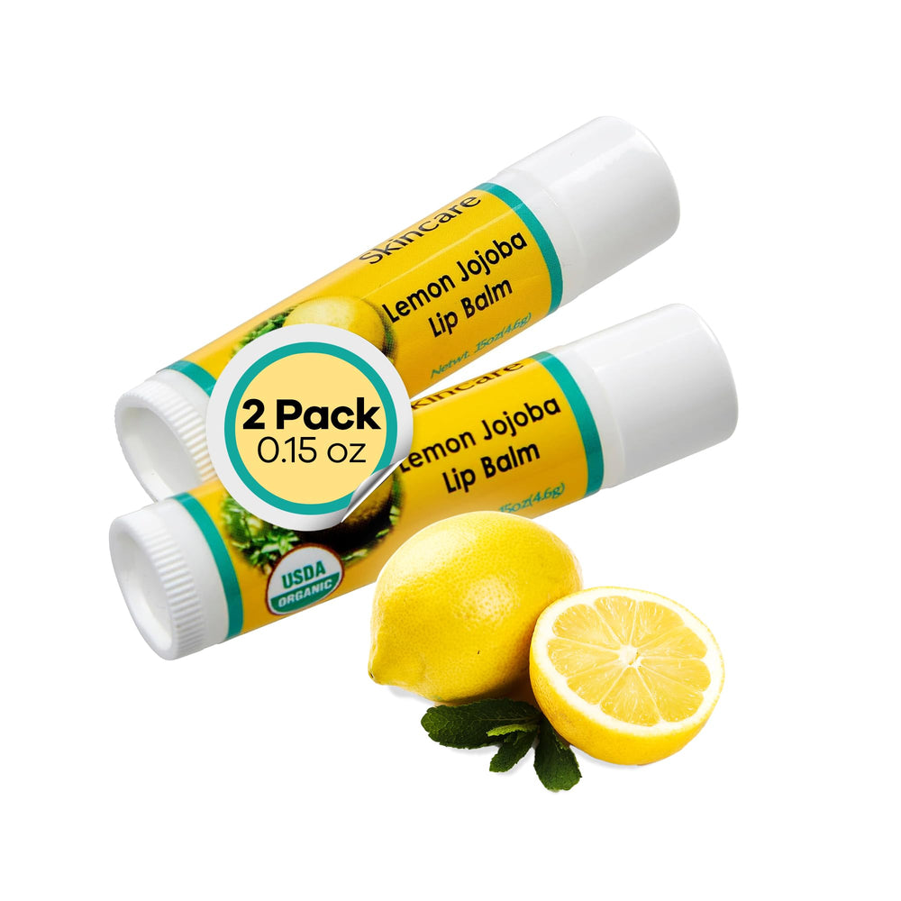 Desert Oasis Skincare front packaging showing two organic lemon jojoba lip balms and benefits