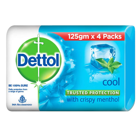 Dettol Cool Soap front pack showing branding and four bars for convenient supply