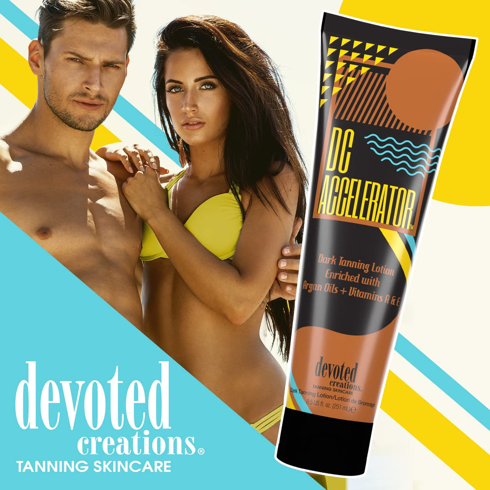 Devoted Creations applied on forearm illustrating even coverage and deeper tan potential