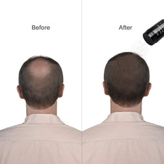Dexe before and after comparison showing fuller hair appearance after fiber use