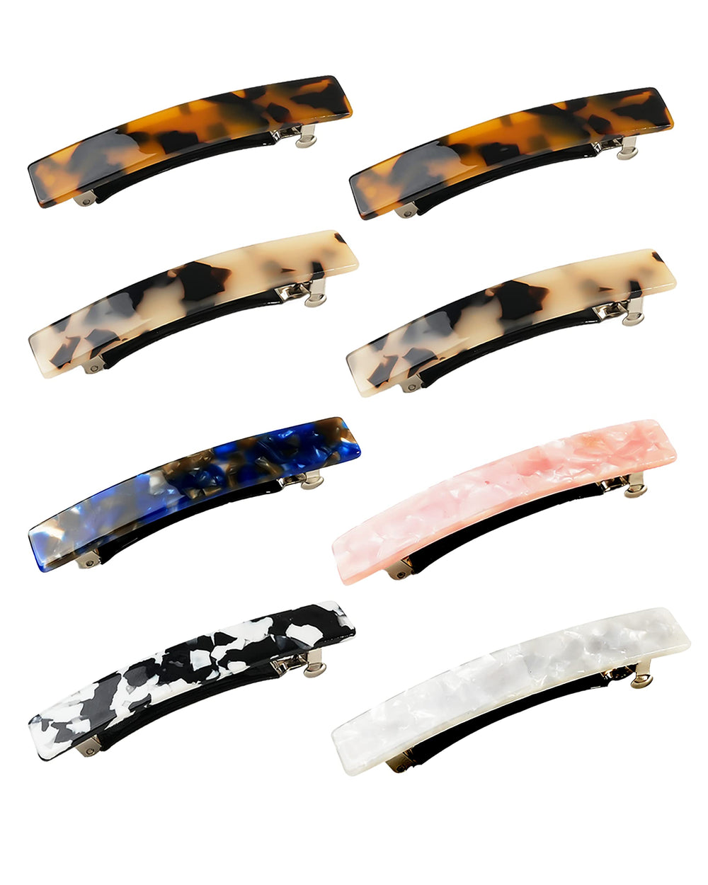DF DUALFERV front view of eight tortoise barrettes showing styles and finish