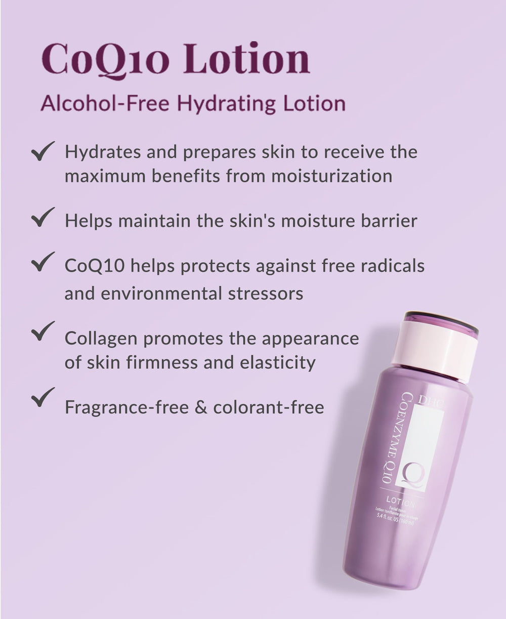 DHC CoQ10 lotion back label highlighting ingredients and reassuring clarity benefit