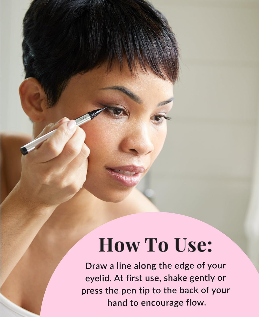 DHC liquid eyeliner EX pen held in hand to show size and easy control