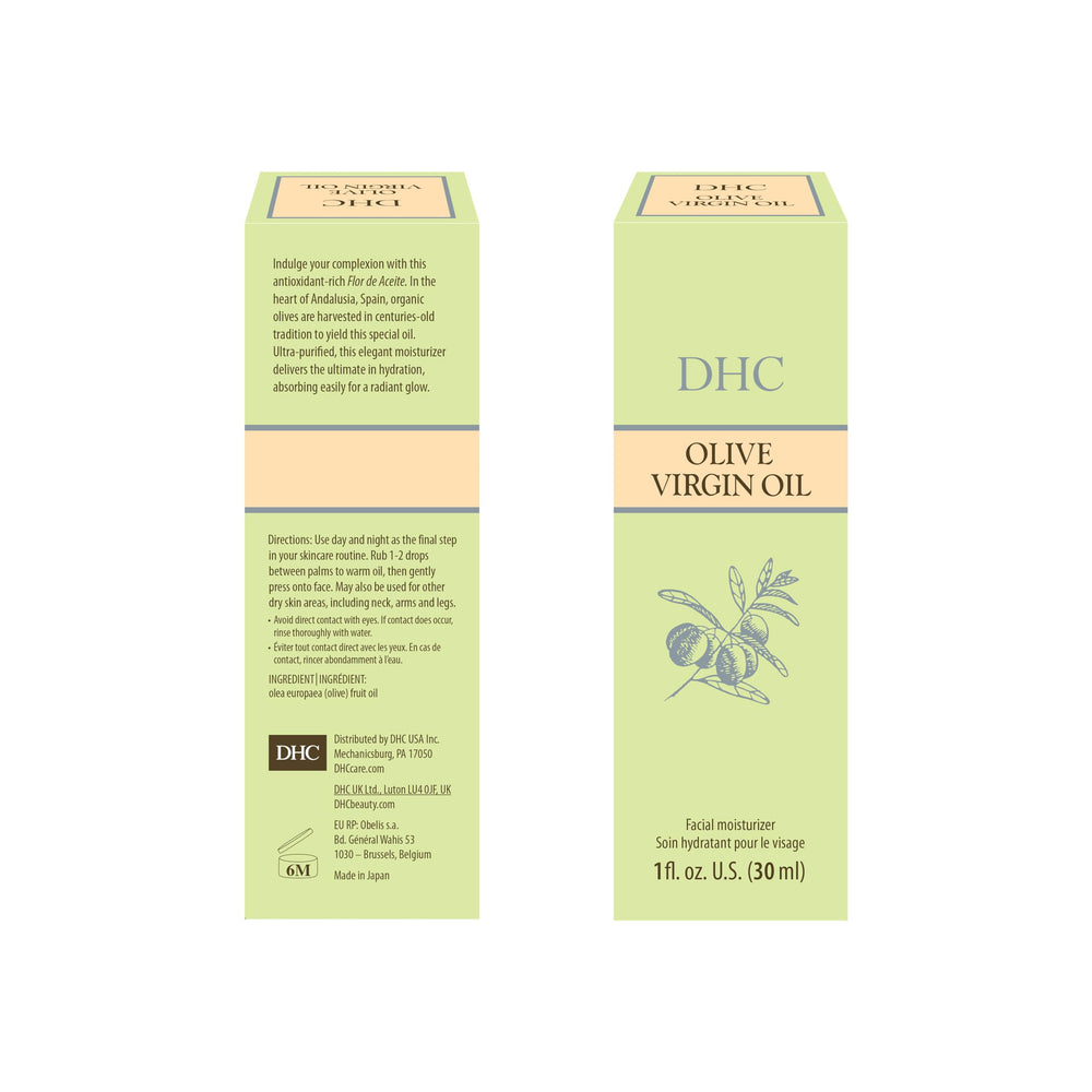 DHC label close-up highlighting organic olive origin and purity benefit