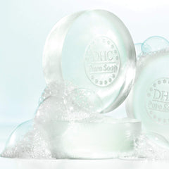 Close-up creamy lather of DHC Pure Soap demonstrating gentle foam for effective cleansing