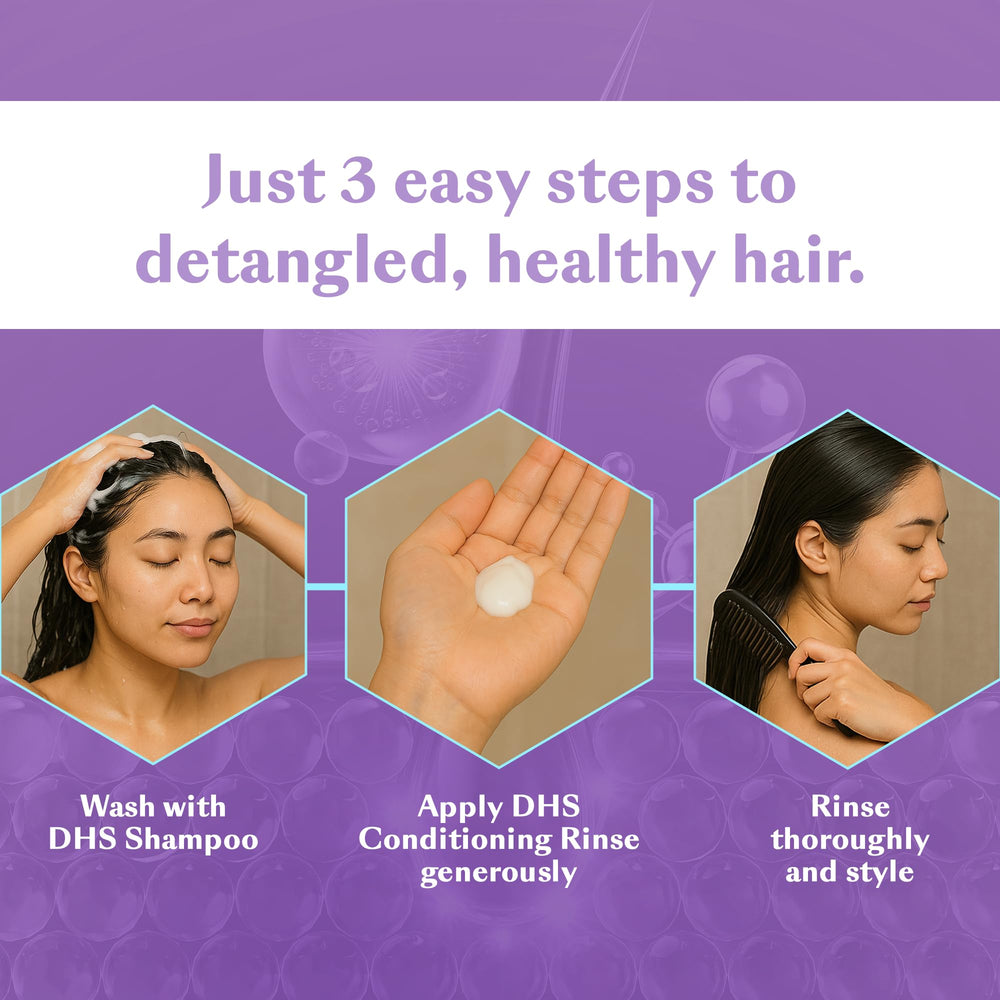 DHS conditioning rinse being applied to wet hair to ease detangling benefit