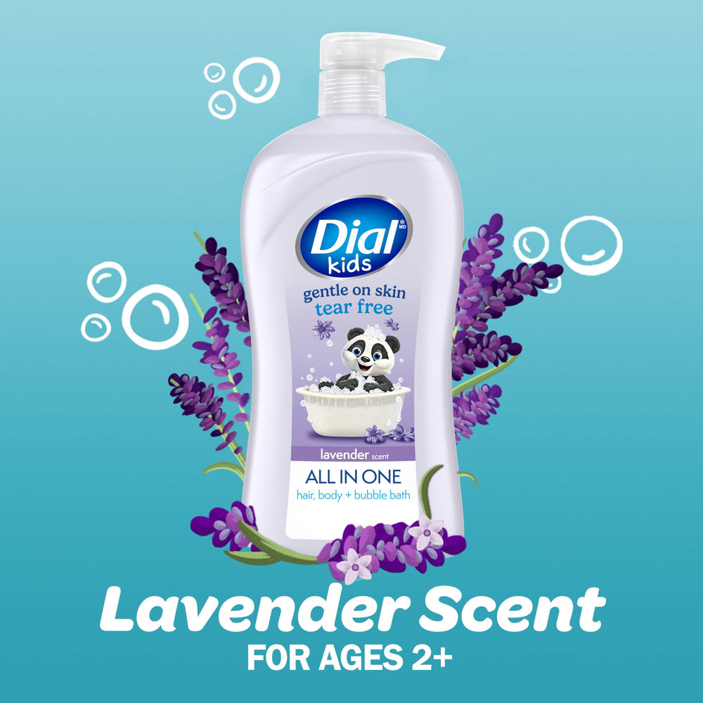 Dial lather foam illustrating gentle lavender bubbles for rinsing