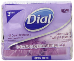 Dial Lavender & Twilight Jasmine front packaging showing three bars and refreshing scent