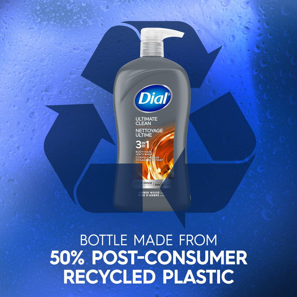 Recycled plastic mark on Dial men bottle showing sustainable benefit