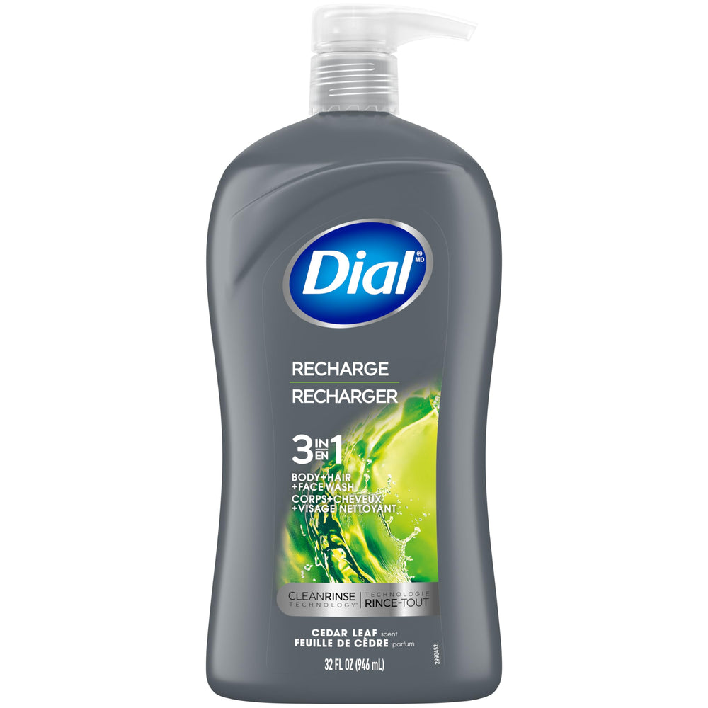Dial bottle front packaging showing clear product benefits and cedar leaf scent