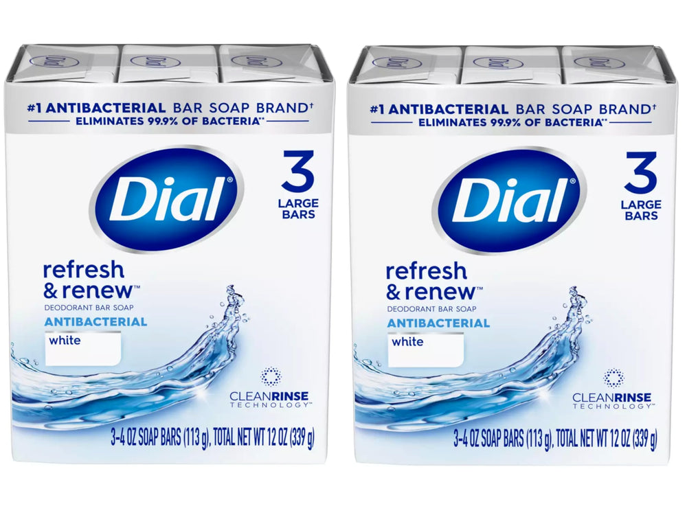 Dial Refresh & Renew front packaging showing two 3-4 oz bars and branding for quick recognition
