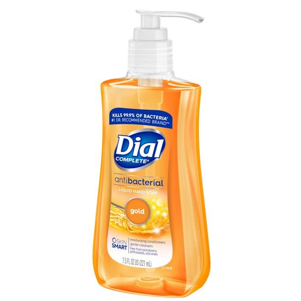 Dial bottle next to a hand for scale showing portable size and countertop convenience benefit