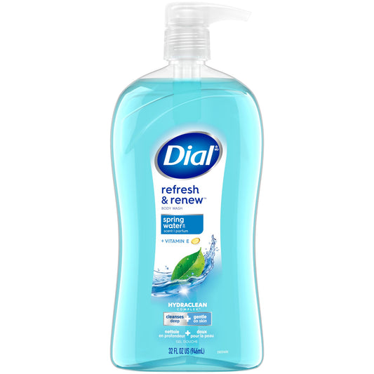 Dial Refresh & Renew spring water front bottle shows clean packaging and volume benefit