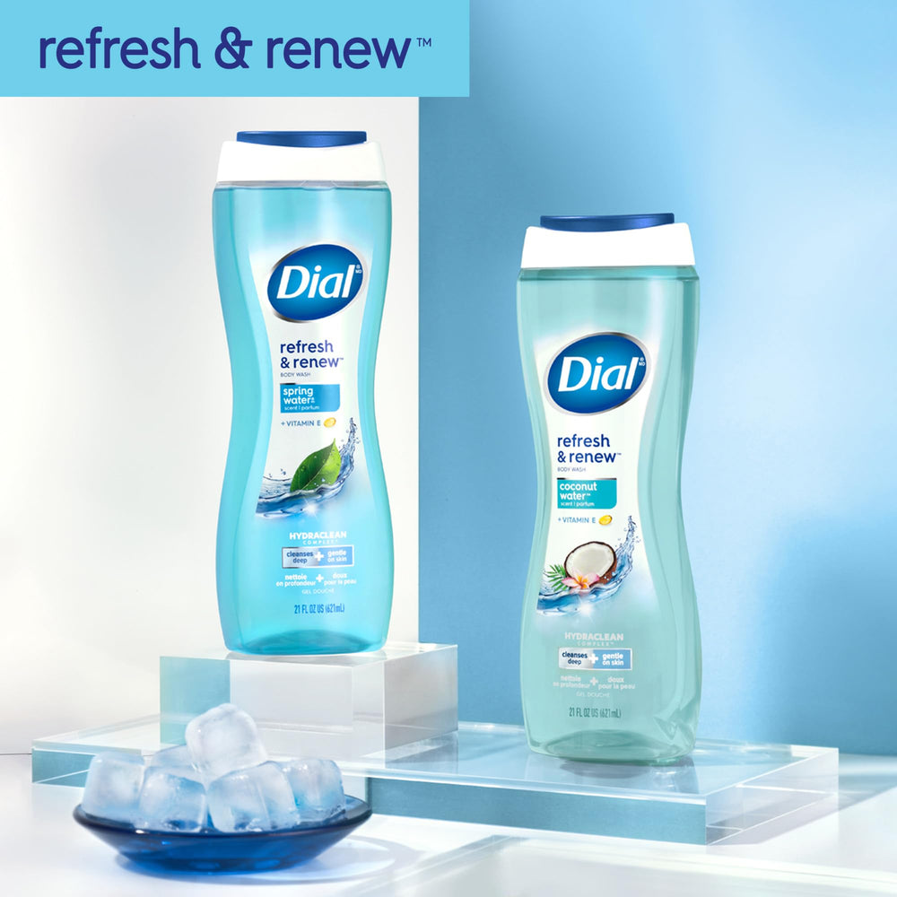 Dial body wash placed in a bright bathroom conveying fresh, calming routine