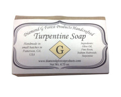 Diamond G handcrafted turpentine soap front bar showing label and shape, natural scent benefit