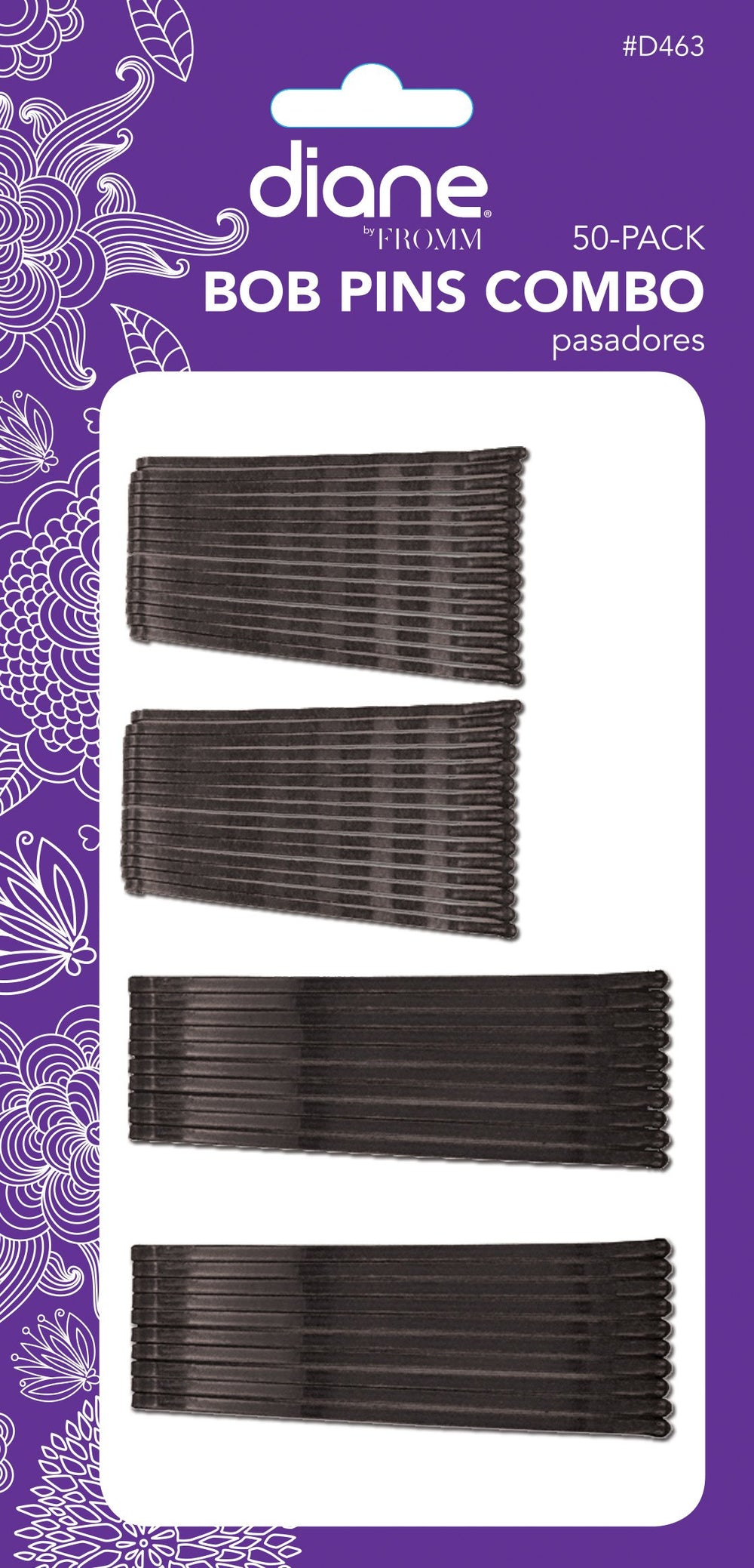 Diane front card display of 50 black bob pins showing mixed lengths and tidy packaging