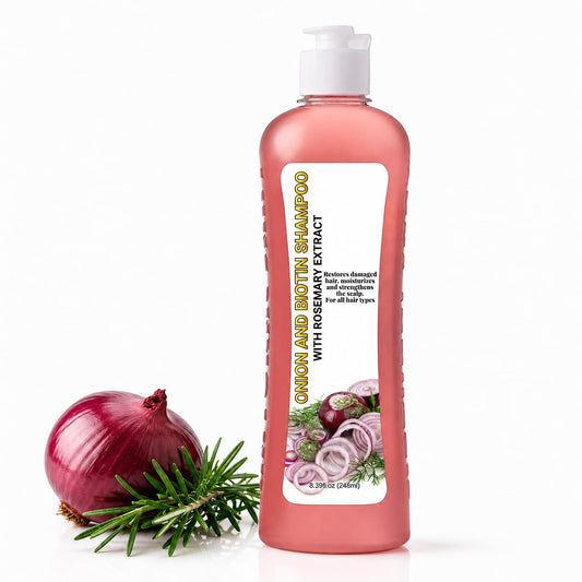 DIARO front bottle showing onion rosemary shampoo and clear product benefits