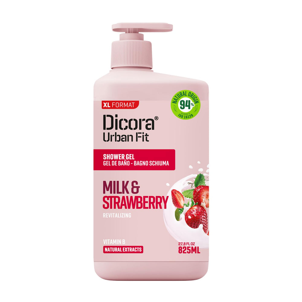 Dicora UrbanFit front bottle showing milk and strawberry label and size, promotes hydration