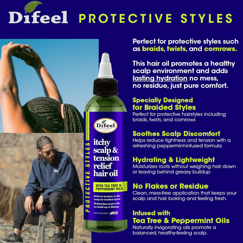 Difeel used on braids and twists demonstrating itch-relief benefit
