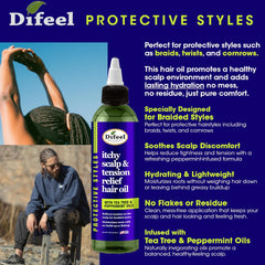 Difeel used on braids and twists demonstrating itch-relief benefit