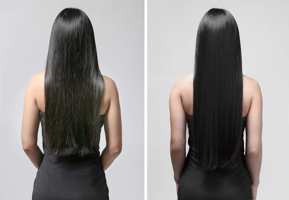 spreading Difeel through hair lengths and ends to reduce frizz and breakage