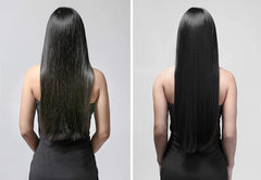 Difeel being applied to towel-dried hair illustrating fast detangling and manageability