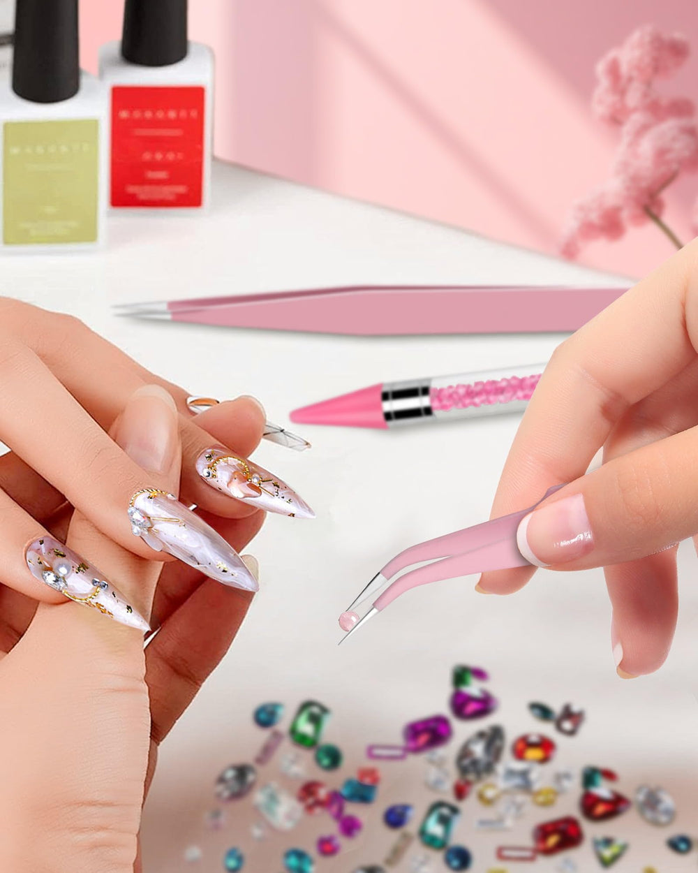 Difenni applicator placing a rhinestone on a nail for faster application